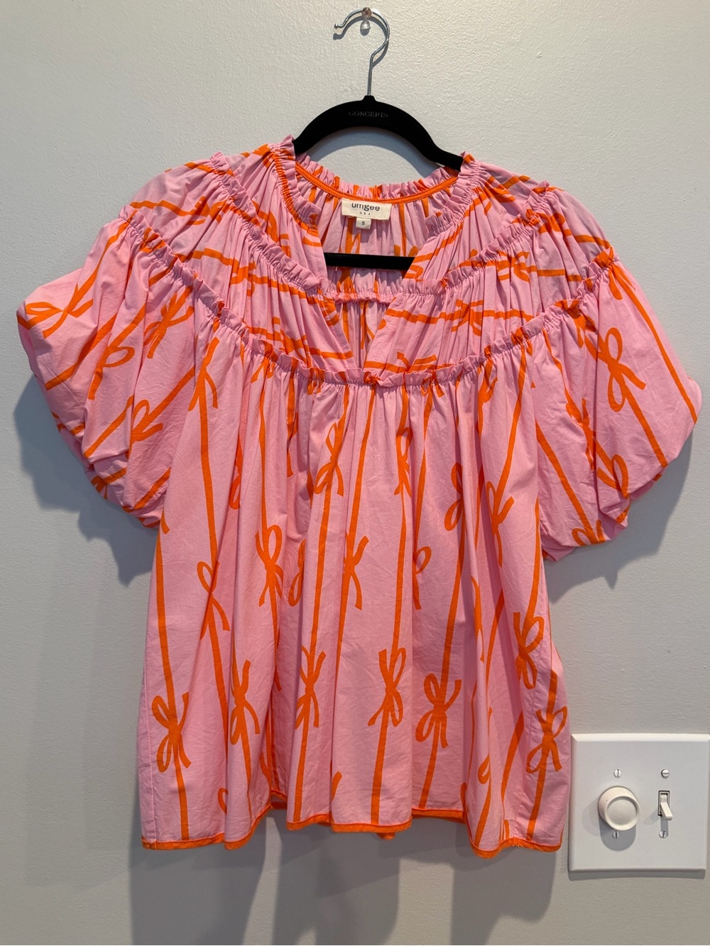 Umgee Pink Blouse with Orange Bow-Stripe Print
